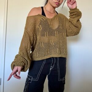 Y2K brown loose knit sweater see through fairy cottage core